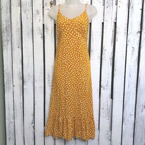 Brovave Mustard Yellow Abstract Polka Dot Midi Sundress Size L Ruffle Hem Boho